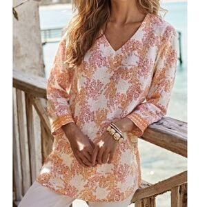 J.‎ Jill Linen Coral Print Tunic Top Size S Resortwear Coastal Nautical